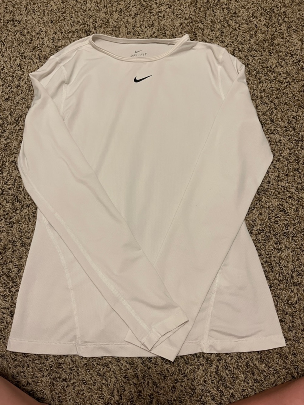 Nike Women's White Long Sleeve Dri-FIT Top with Black Swoosh